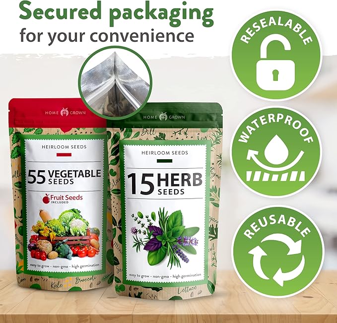 HOME GROWN 70 Variety Vegetable & Herb Seeds – 32,000+ USA Non-GMO Heirloom Survival Seeds –Garden Kit for Spring, Fall, Winter – Indoor & Outdoor Planting – Starter Set for Home Gardeners & Preppers