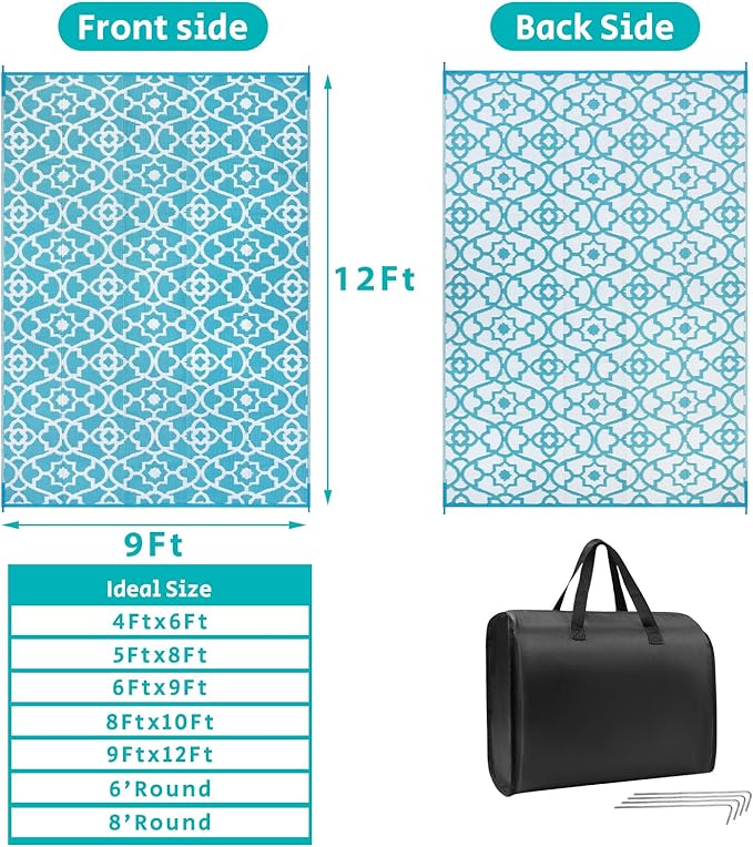 HEBE Outdoor Rug Waterproof 9x12, Plastic Straw Rug Camping Rug, Reversible Outdoor Patio Rugs RV Mat Clearance, Indoor Outside Floor Carpet for Porch,Deck,Camper,Balcony,Backyard