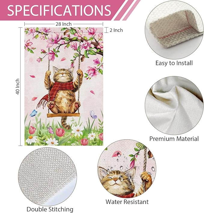 Heyfibro Spring Cute Cat Welcome Garden Flag 28x40 Inch Double Sided Burlap, Summer Magnolia Butterfly Flower Floral Yard Banner for Seasonal Holiday Farmhouse Outdoor Decor(ONLY FLAG)