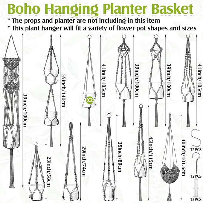 Hoteam 12 Pcs Macrame Plant Hangers Macrame Hanging Planters for Indoor Plants Handmade Boho Hanging Baskets Flower Pots Holder for Outdoor Home Wall Decor