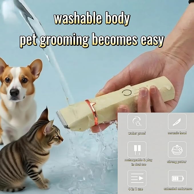 4 in1 Pet Dog Grooming Clippers Cat Nail Clipper&Paw Trimmer Dog Hair Trimmer-Low Noise Rechargeable - Cordless Quiet Pet Grooming Supplies for Dogs Hair Nail Clippers Around Eyes and Ears (Beige)