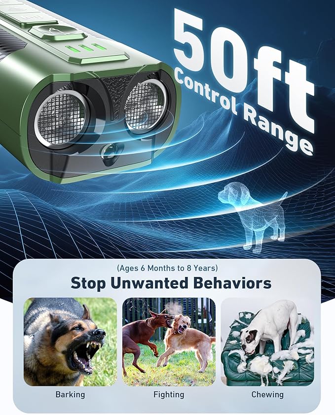 Dog Bark Deterrent Devices-Ultrasonic Anti Barking Device with 50ft Range, Rechargeable No Barking for Own or Neighbor's Dogs, Portable Safe for Pets/Humans, Green