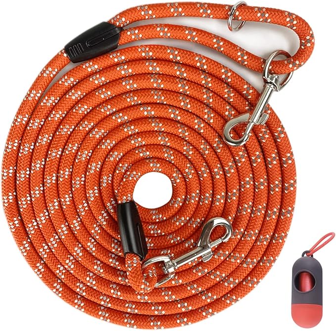 Long Rope Dog Leash for Dog Training 12FT 20FT 30FT 50FT, Reflective Threads Dog Cat Leashes Tie-Out Check Cord Recall Training Agility Lead for Large Medium Small Dogs (Orange, 10mm*30ft)