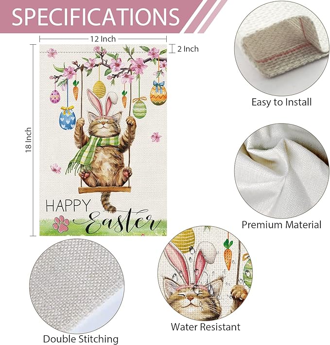 Heyfibro Happy Easter Cute Cat Garden Flag 12x18 Double Sided Burlap, Spring Summer Magnolia Flower Easter Egg Small Yard Banner for Seasonal Holiday Farmhouse Yard Outdoor Decor(ONLY FLAG)