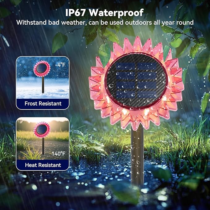Hogni 4PK Solar Garden Lights, Ground Stake/Hang 2 in 1 Solar Sunflowers Outdoor Waterproof IP67, Outdoor Decor for Pathway Walkway Landscape Backyard Fence Decoration