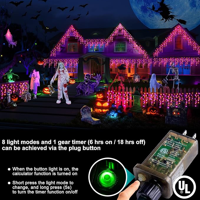 Hezbjiti 400LED Halloween Lights Purple Orange Icicle Lights 32.8FT Halloween String Lights Outdoor Decoration 8 Modes 75 Drops Fairy Lights for Eaves Party Yard Garden Halloween Decor