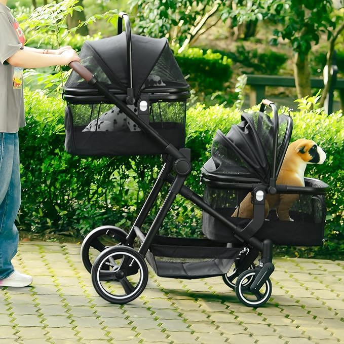 Foldable Double Pet Stroller for 2 Small Medium Cats Dogs, Lightweight Single and Double Integrated Pet Stroller with Detachable Carriers