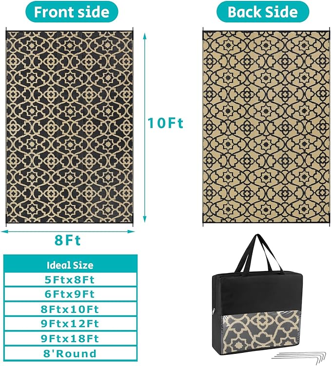 HEBE Outdoor Rug Waterproof 8x10, Reversible Plastic Straw Rug RV Camping Rug, Indoor Outdoor Patio Mat Clearance, Outside Carpet for Porch,Deck,Camper,Balcony,Backyard,Picnic