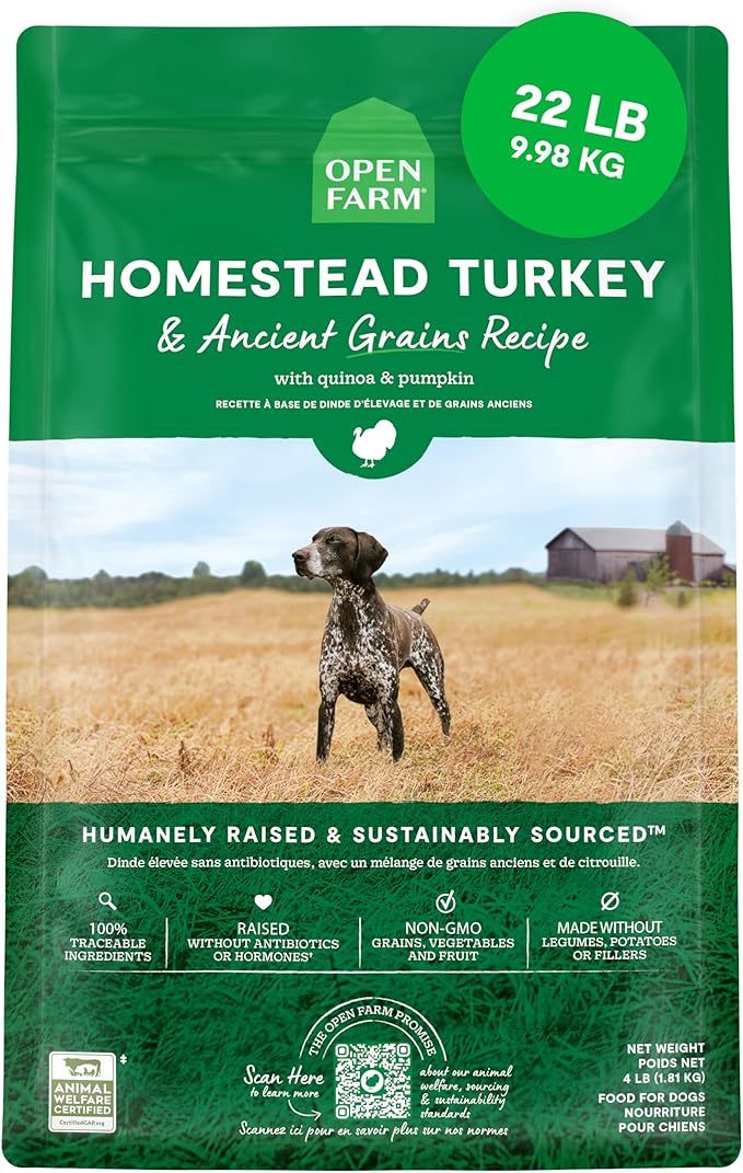 Open Farm, Ancient Grains Dry Dog Food, Protein-Rich & Nutrient Dense, 90% Animal Protein Mixed with Non-GMO Fruits, Veggies and Superfoods, Homestead Turkey Recipe, 22lb Bag