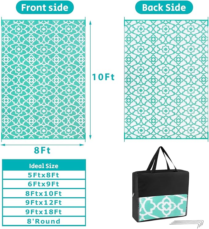 HEBE Outdoor Rug Waterproof 8x10, Reversible Plastic Straw Rug RV Camping Rug, Indoor Outdoor Patio Mat Clearance, Outside Carpet for Porch,Deck,Camper,Balcony,Backyard,Picnic