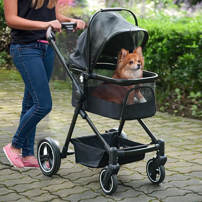 Foldable Dog Stroller, 3 in 1 Pet Stroller for Small Medium Dog Cat up to 50lbs, Detachble Portable Pet Bag, Storage Basket and One-Button Folding Frame