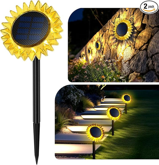 Hogni Solar Pathway Lights - 2 Pack LED Sunflower Garden Light, Waterproof Outdoor Decor for Wall, Lawn, Yard, Walkway, Patio, Landscape