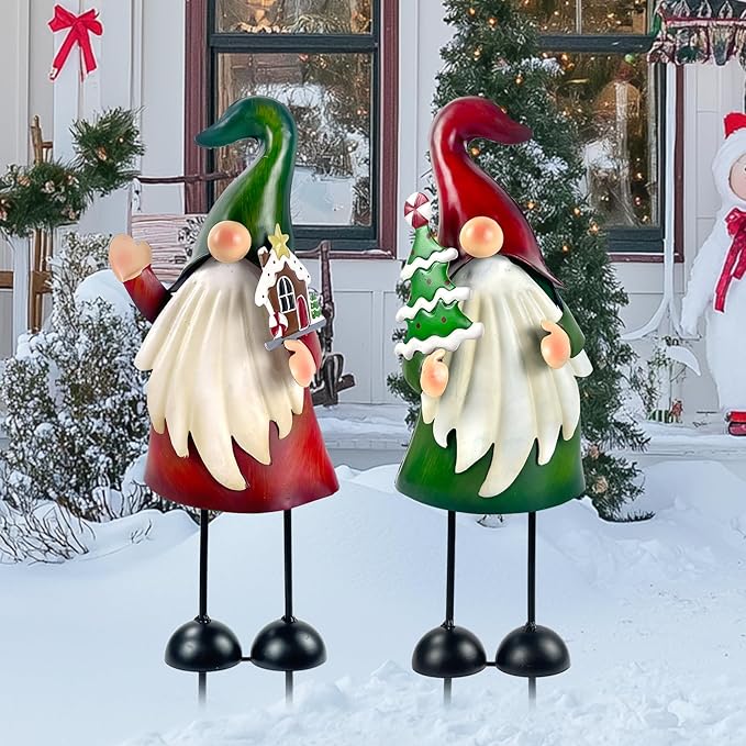 HONGLAND Christmas Decorations Outdoor Metal Gnome Yard Art Christmas Gnomes Statue 18 Inch Gnome Figurine for Holiday Christmas Lawn Patio Yard Garden Decor-2 PCS