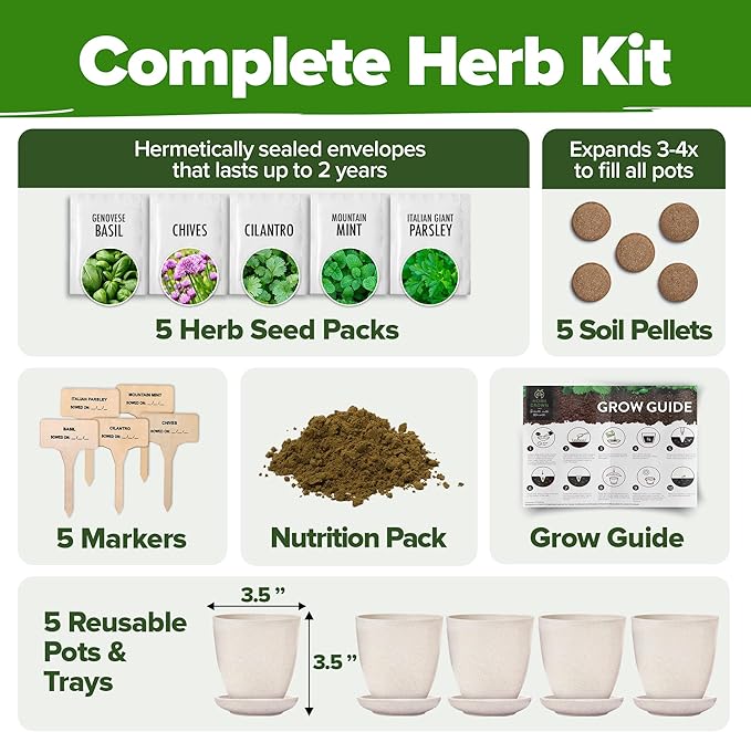 HOME GROWN Indoor Herb Garden Starter Kit - Christmas Gift for Gardeners - Complete 5 Herb Plant Grow Kit - Unique Gift for Mom, Women, Her, Men - Birthday Gift