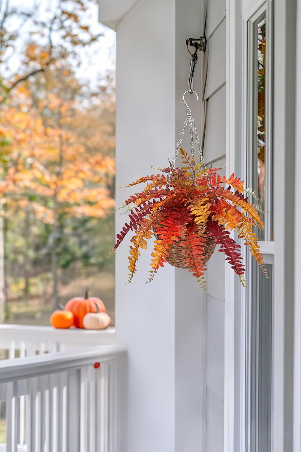 Hollyone Fall Hanging Baskets Small Artificial Fern Orange 21 Leaves Fall Hanging Decor Plant Boston Ferns Silk Plants with Brown Rattan Baskets Outdoors Indoor Fake Fern Autumn Decorations for Home