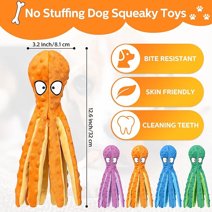 Vinsot 6 Pack Dog Squeaky Toys Octopus No Stuffing Crinkle Plush Dog Toys Durable Interactive Cute Chew for Puppy (Colorful)