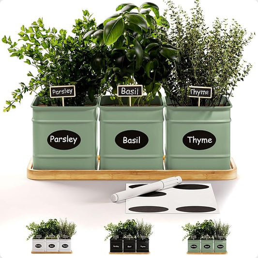 Herb Planter Indoor - 3 Iron Herb Pots with Drainage Holes, Varnished Bamboo Tray, Customizable Labels & Marker Pen - Indoor Herb Garden Planter - 3 Pots for Herbs - Inside Spice Garden - Basil Pot