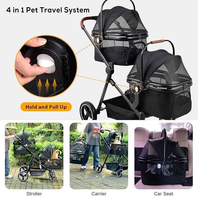 Foldable Double Pet Stroller for 2 Small Medium Cats Dogs, Lightweight Single and Double Integrated Pet Stroller with Detachable Carriers
