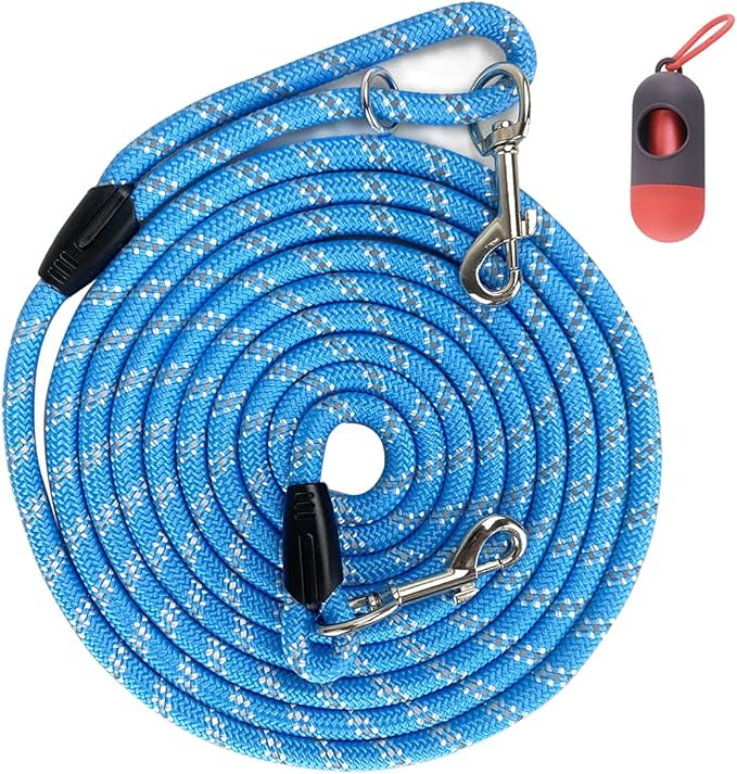Long Rope Dog Leash for Dog Training 12FT 20FT 30FT 50FT, Reflective Threads Dog Cat Leashes Tie-Out Check Cord Recall Training Agility Lead for Large Medium Small Dogs (Blue, 10mm*20ft)