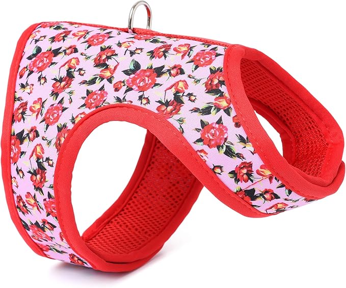 Mile High Life Velcro Dog Harness, Air Mesh Floral Vest Harness for 20 lbs Small Dogs & Cats, Easy Get on Adjustable Easy Closures Both Neck and Chest(Peony Rose, XS Chest 14"-16")
