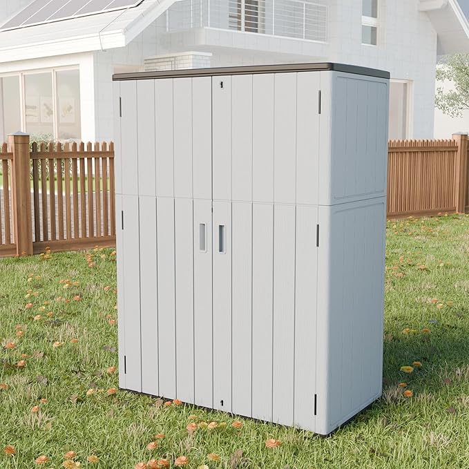 HOMSPARK Outdoor Storage Shed Weather Resistance, Patio Storage Cabinet Lockable Resin Tool Shed for Storage of Bike, Trash Cans, Garden Tools (Light Gray, 66 Cu.ft)
