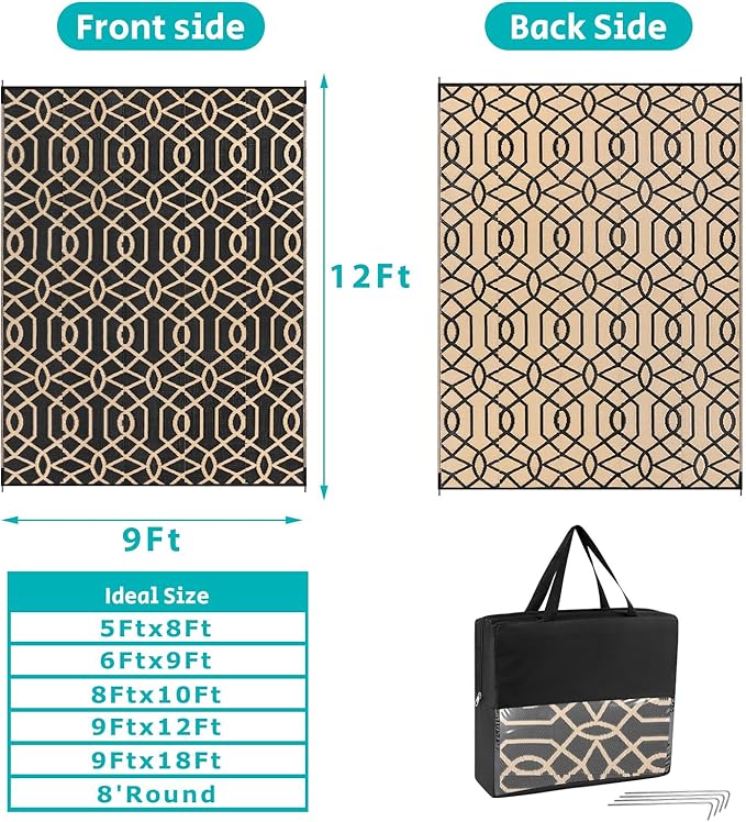 HEBE Outdoor Rug Waterproof 9x12, Reversible Plastic Straw Rug RV Camping Rug, Indoor Outdoor Patio Mat Clearance, Outside Carpet for Porch,Deck,Camper,Balcony,Backyard,Picnic