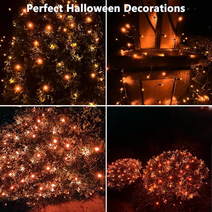 HISHINY Halloween Lights Outdoor,100LED 5ftx5ft Orange Net Lights with Connectable, Waterproof,UL Certified and Durable Green Wire Design for Bushes,Shrubs,Halloween Decorations Outdoor