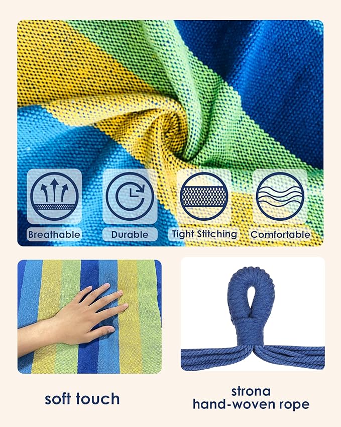 Highwild Hammock Chair Hanging Rope Swing - Max 500 Lbs - 2 Cushions Included - Steel Spreader Bar with Anti-Slip Rings - for Any Indoor or Outdoor Spaces (Blue Striped)