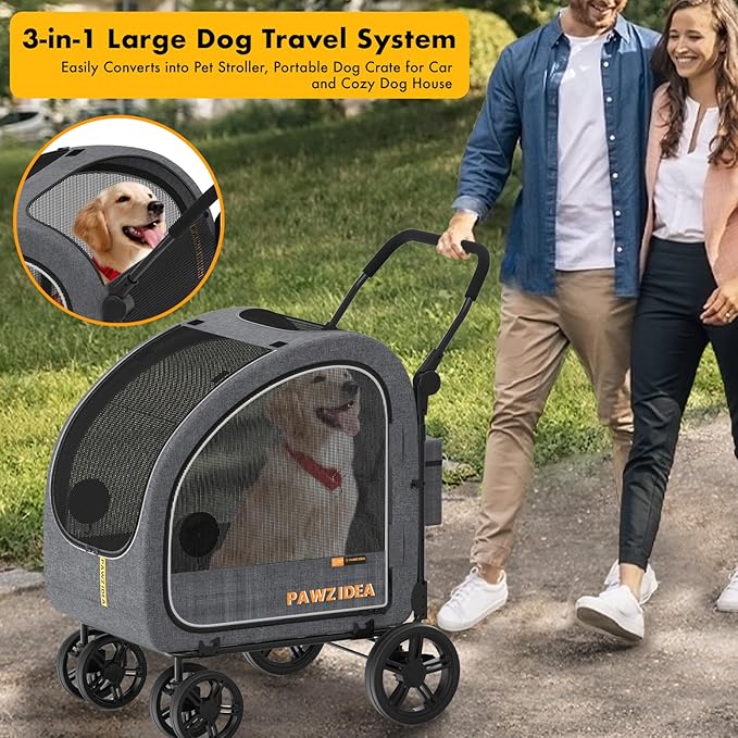 PAWZIDEA Large Dog Stroller with Detachable Carrier, Portable Dog Crate for Car Travel, Multiple Pet Strollers for Medium Dogs up to 80lbs, Adjustable Handle, All-Terrain 9” Wheels, Storage Organizer