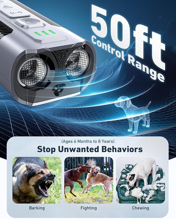 Dog Bark Deterrent Devices-Ultrasonic Anti Barking Device for Dogs with 50ft Range, Rechargeable No Barking Device for Own or Neighbor's Dogs, Portable Safe for Dogs/Humans,Silver