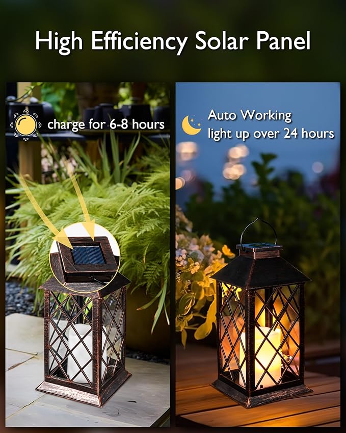Homemory Solar Lanterns Outdoor Waterproof Hanging with Flickering Flameless Candles, 2 Pack 13'' Garden Outdoor Lantern Decorative for Patio Front Porch Backyard Balcony Cabin Outside(Antique Copper)