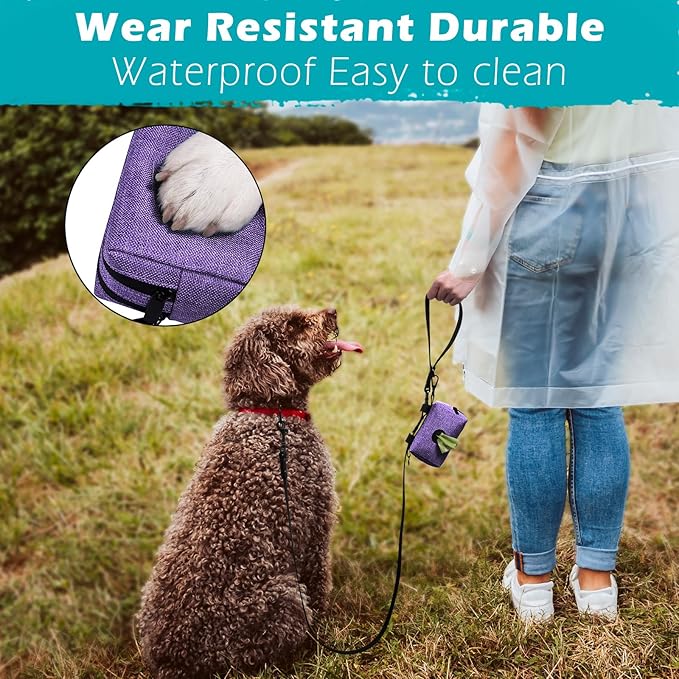 PetBonus Dog Poop Bag Holder, Portable Pet Waste Bag Dispenser, 2 Pouches for Treats and Walking Accessories, Fit All Leashes, Includes 1 Roll of Dog Poop Bags (Purple)