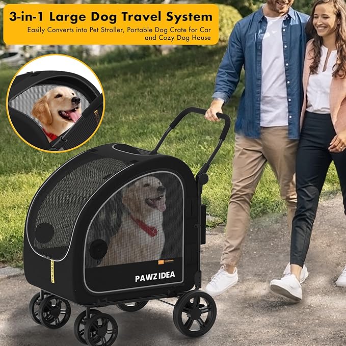 PAWZIDEA Large Dog Stroller with Detachable Carrier, Portable Dog Crate for Car Travel, Multiple Pet Strollers for Medium Dogs up to 80lbs, Adjustable Handle, All-Terrain 9” Wheels, Storage Organizer