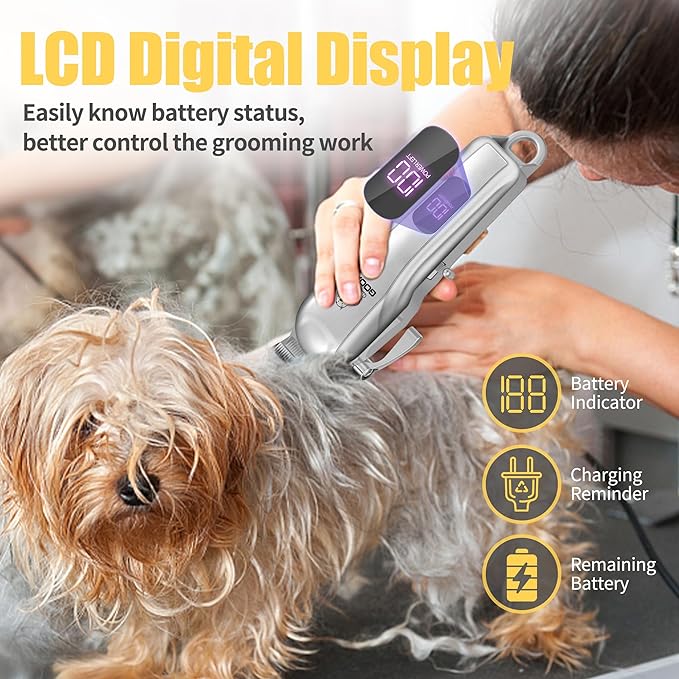 Dog Clippers for Grooming,Dog Grooming Kit for Heavy Thick Hair&Coats/Low Noise Rechargeable Cordless Pet Shaver with Paw Trimmer Nail Grinder/Hair Trimmer for Small & Large Cats