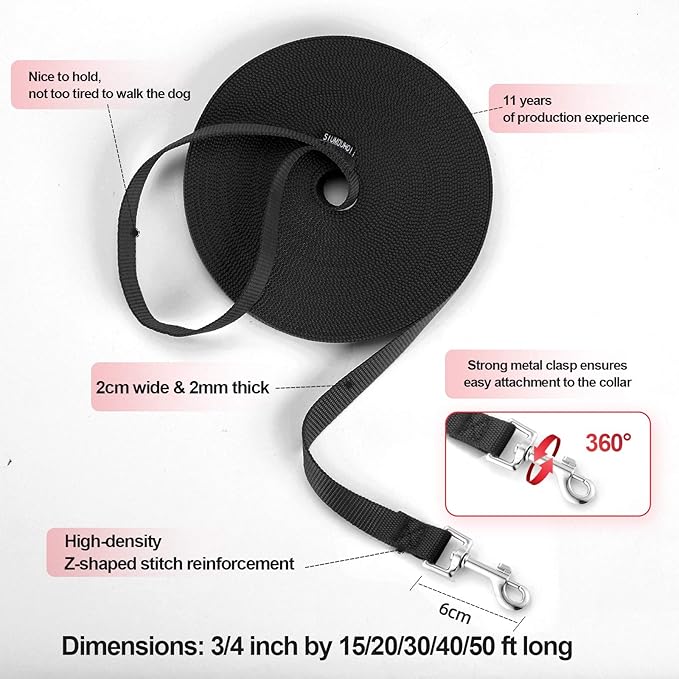 Dog/Puppy Obedience Recall Training Agility Lead -15ft 20ft 30ft 40ft 50ft Training Leash - Great for Play, Camping, or Backyard - Black 50ft