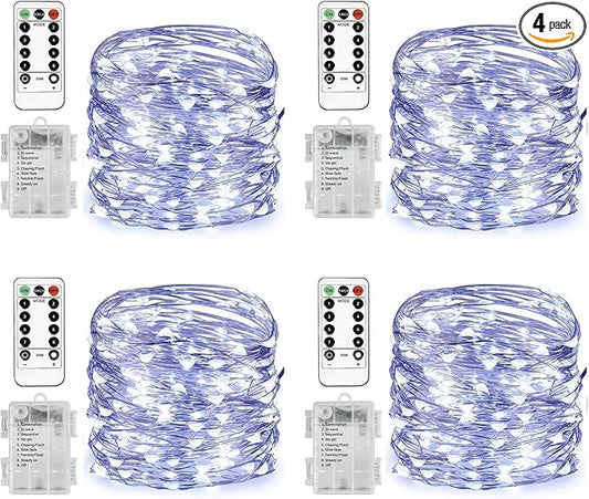 Homemory 4 Pack 20 Ft 60 LED Fairy Lights Battery Operated String Lights with Remote Waterproof 8 Modes Firefly Twinkle Christmas Lights for Party Bedroom Wedding Decorations(Cool White)