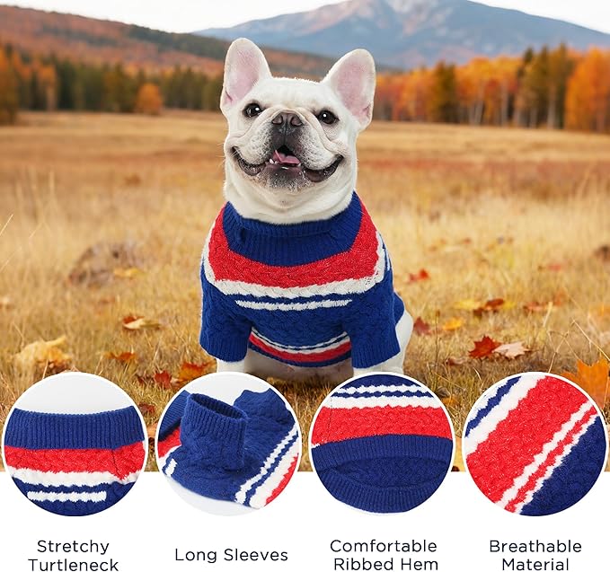 Dog Sweater for Small Medium Dogs & Cats, Classic Turtleneck Knitted Striped Pet Sweater, Warm Winter Soft Christmas Outfit for Boy & Girl Dogs, Large