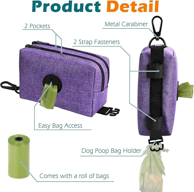 PetBonus Dog Poop Bag Holder, Portable Pet Waste Bag Dispenser, 2 Pouches for Treats and Walking Accessories, Fit All Leashes, Includes 1 Roll of Dog Poop Bags (Purple)