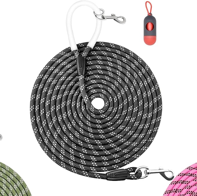 Nylon Dog Leash 6FT 10FT 20FT 30FT Diameter 2/5 Inch with Comfortable Silicone Handle Highly Reflective No Tangle for Medium Large Dogs Outside Walking Camping Backyard. (Black, 10FT * 2/5Inches)