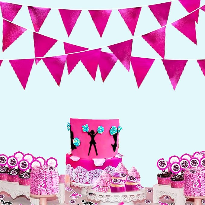 Hot Pink Party Decorations Triangle Pennant Banner Flag Rose Pink Metallic Fabric Bunting Garland for Birthday Bachelorette Wedding Bridal Shower Anniversary Flamingo Theme Party Supplies