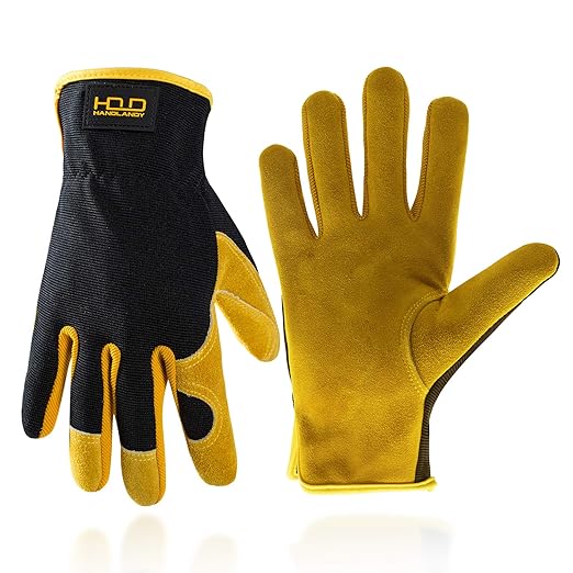 HLDD HANDLANDY Garden Gloves Men, Leather Work Gloves for Men & Women, Cowhide Gardening Gloves Utility Work Gloves for Mechanics, Construction, Driver (XL, Yellow)