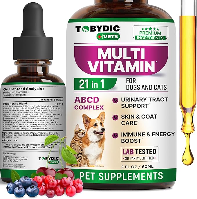 Cat & Dog Multivitamin 21 in 1 Pet Supplements with Cranberry & Glucosamine - Natural Medicine & Support for UTI, Urinary Tract, Bladder, Kidney, Skin Coat, Joints Treatment Made in USA