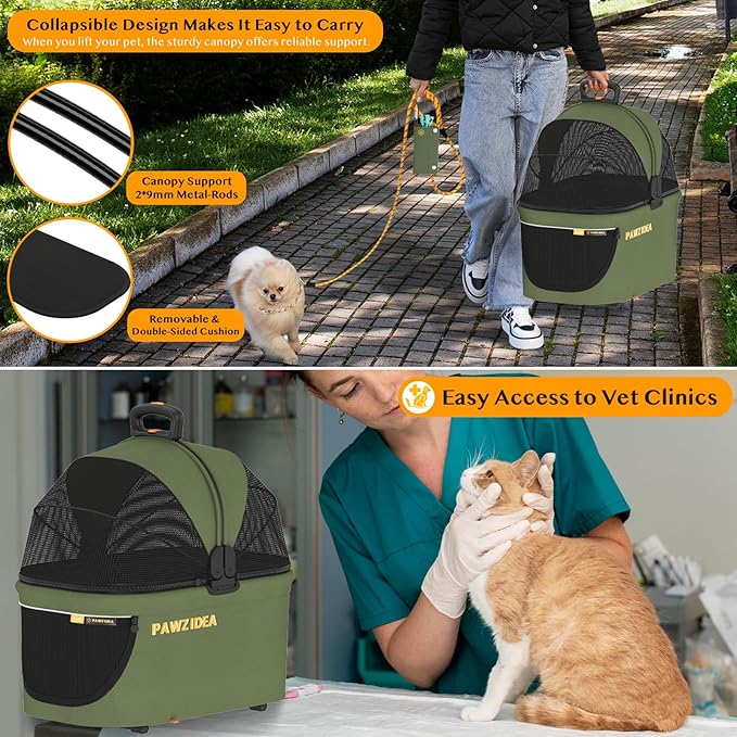 PAWZIDEA Pet Stroller 4 in 1, Dog Strollers with Detachable Carrier No-Zip Canopy, Portable Pet Crate for Car Seat Travel, Foldable & Lightweight Jogger for Small/Medium Dogs and Cats, Storage Basket