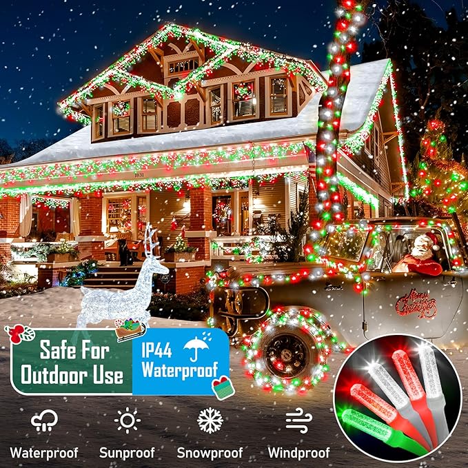 Heceltt 360 LED 118 FT Christmas Lights Outdoor, 8 Modes Christmas Lights Plug in, IP44 Waterproof Led Christmas Lights with Timer and Memory for Xmas Yard Garden Decorations (Red Green and White)