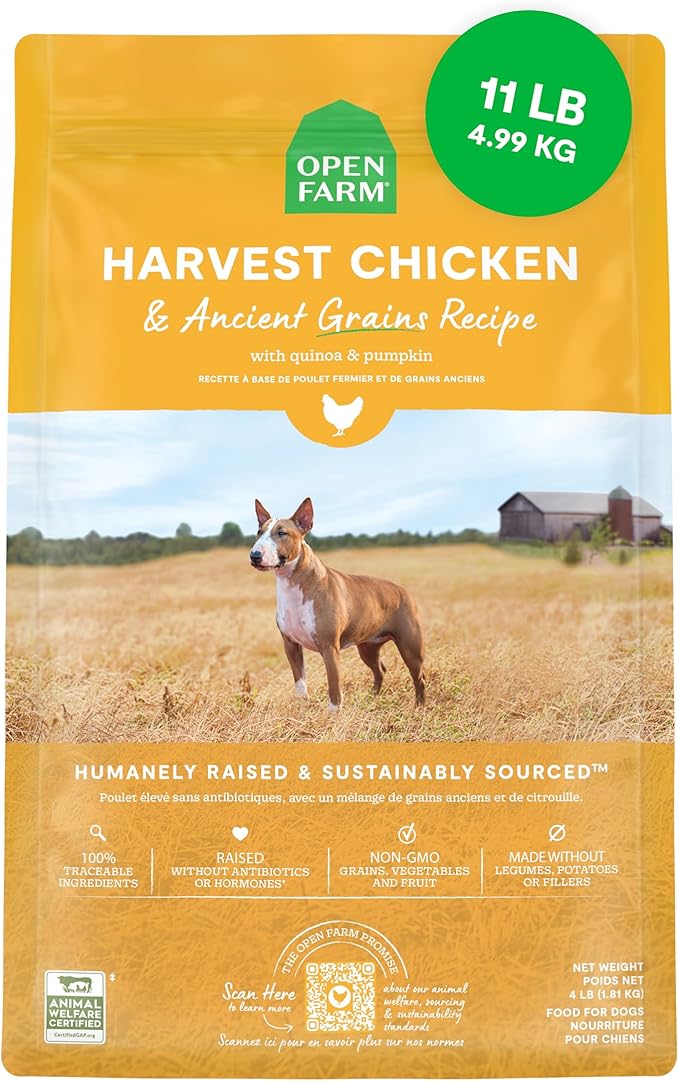 Open Farm, Ancient Grains Dry Dog Food, Protein-Rich & Nutrient Dense, 90% Animal Protein Mixed with Non-GMO Fruits, Veggies and Superfoods, Harvest Chicken Recipe, 11lb Bag