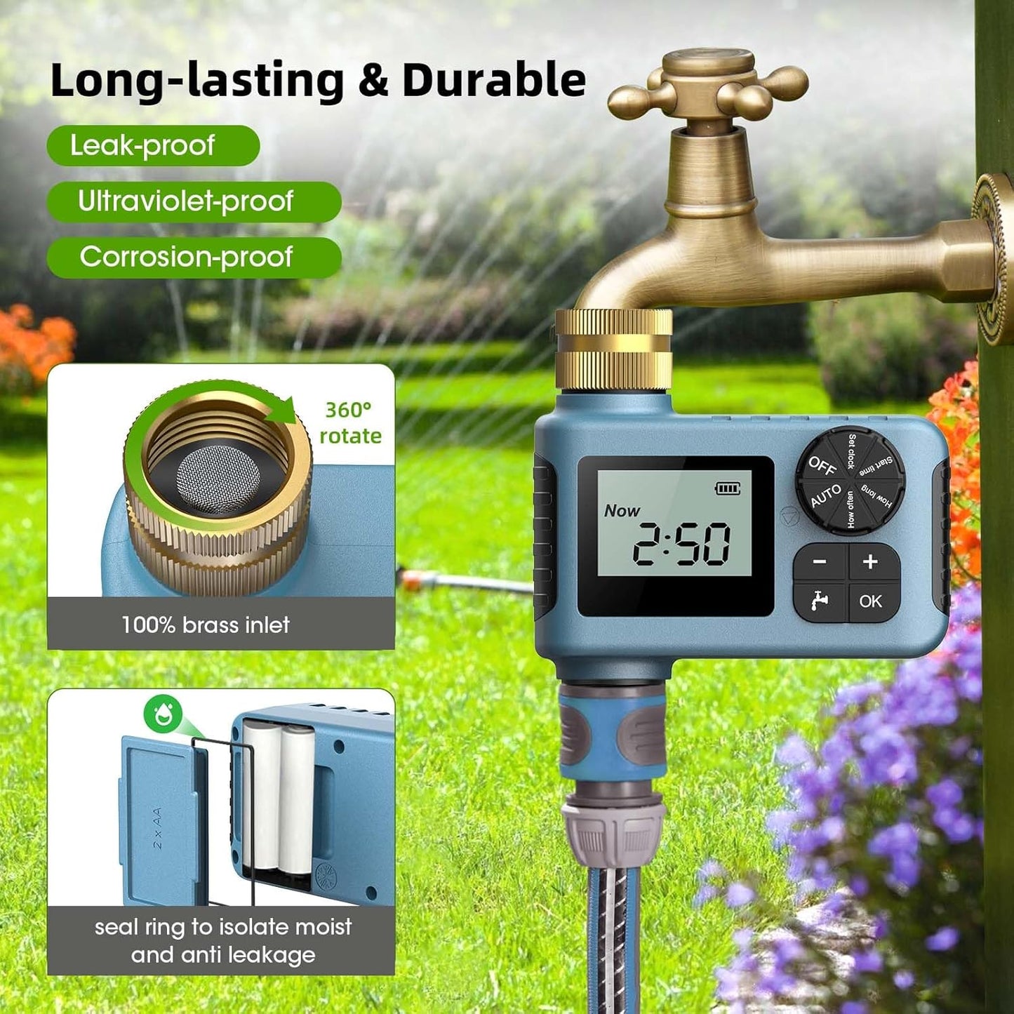 Hose Timer with Brass Inlet, Water Timer for Garden Hose Faucet, Sprinkler Timers Outdoor, Irrigation Timers with Rain Delay/Manual for Garden/Outdoor Hose, Yard, Lawns, 1 Outlet