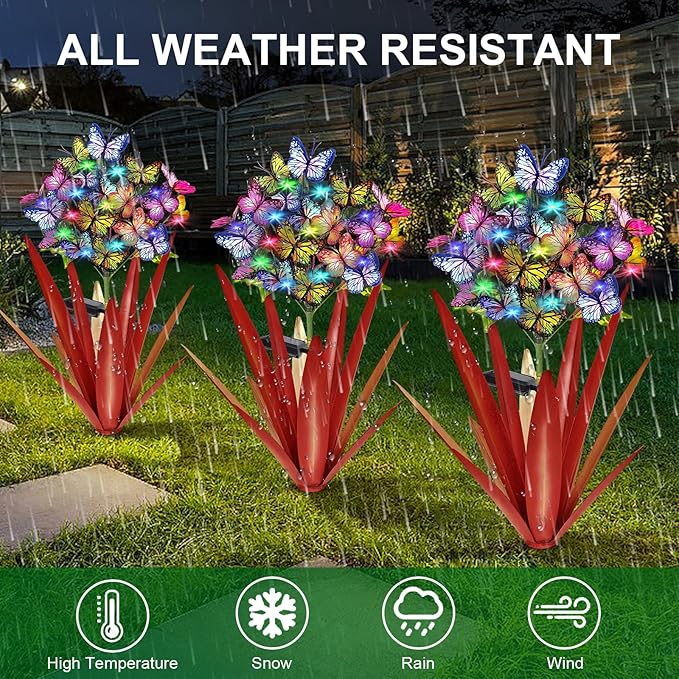 Homight Solar Metal Agave Butterfly Flower Stick Garden Sculpture - Outdoor Christmas Lights, Swaying Solar Lights Gift (2 PCS RED)