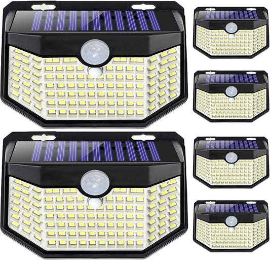 HMCITY 120 LED Outdoor Solar Lights with Motion Sensor and 3 Lighting Modes, IP65 Waterproof Wide Solar Wall Lights Ideal for Garden Patio Yard (Front Button 6Packs, Daylight White)