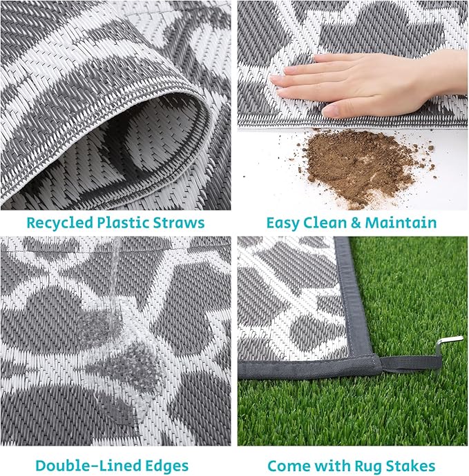 HEBE Outdoor Rug Waterproof 9x18, Plastic Straw Rug Camping Rug, Reversible Outdoor Patio Rugs RV Mat Clearance, Indoor Outside Floor Carpet for Porch,Deck,Camper,Balcony,Backyard