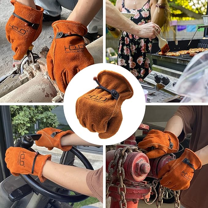 HLDD HANDLANDY Leather Work Gloves for Men & Women, Adjustable Wrist Cowhide Gardening Glove with Reinforced Palm for Driver